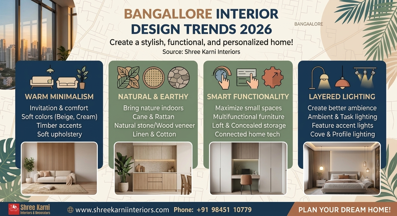 2026 Bangalore interior design trends by Shree Karni Interiors featuring warm minimalism, natural materials, smart functionality, and layered lighting