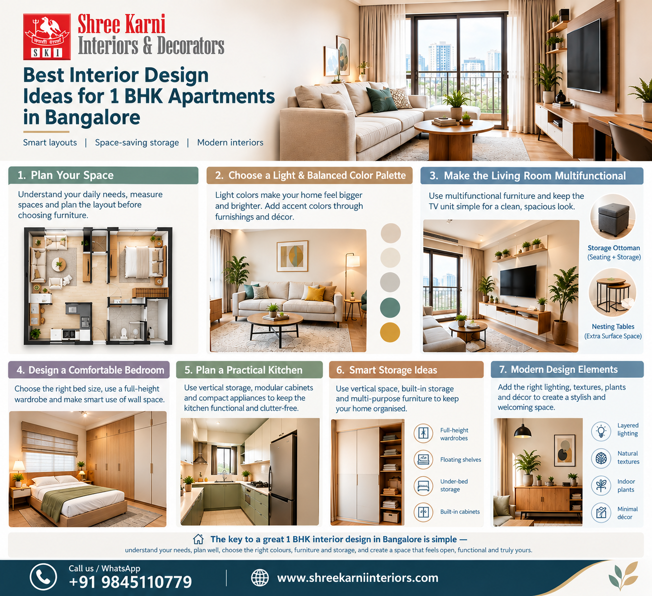 Best interior design ideas for 1 BHK apartments in Bangalore, featuring smart layouts, space-saving storage, modern interiors, and practical home design ideas by Shree Karni Interiors.