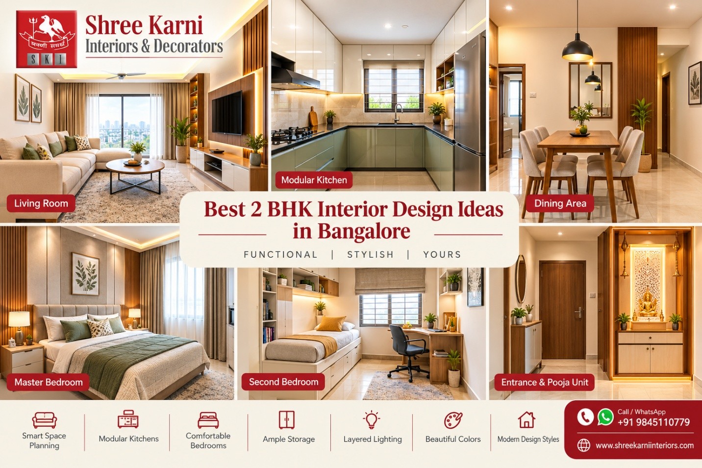 Best 2 BHK interior design ideas in Bangalore featuring living room, modular kitchen, dining area and bedrooms