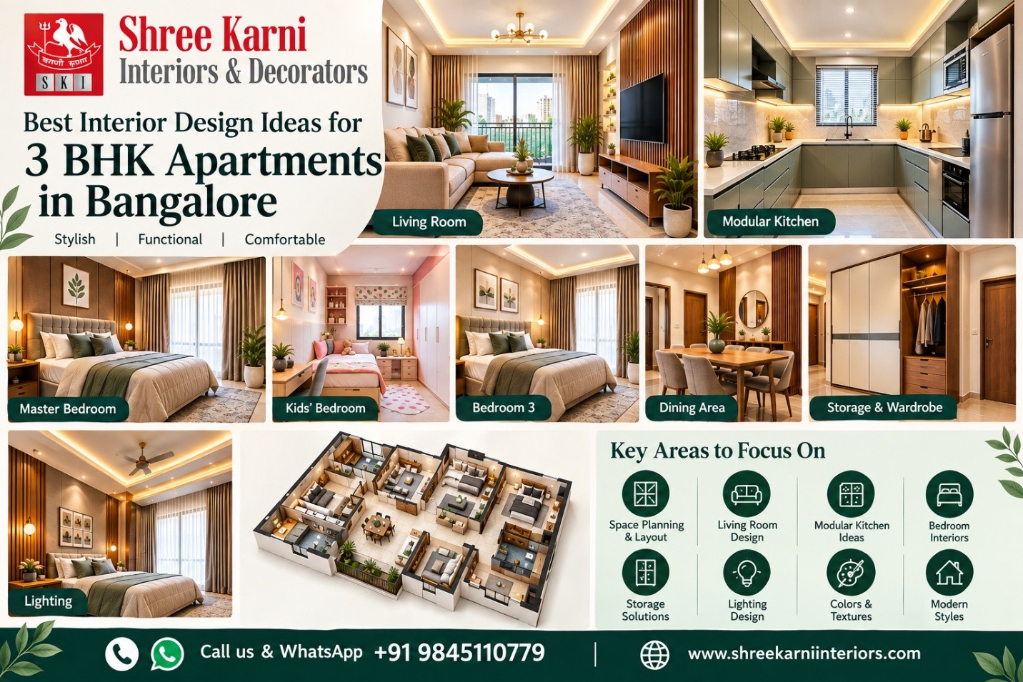 Best 3 BHK interior design ideas in Bangalore with living room, modular kitchen, bedrooms, dining area, storage and lighting