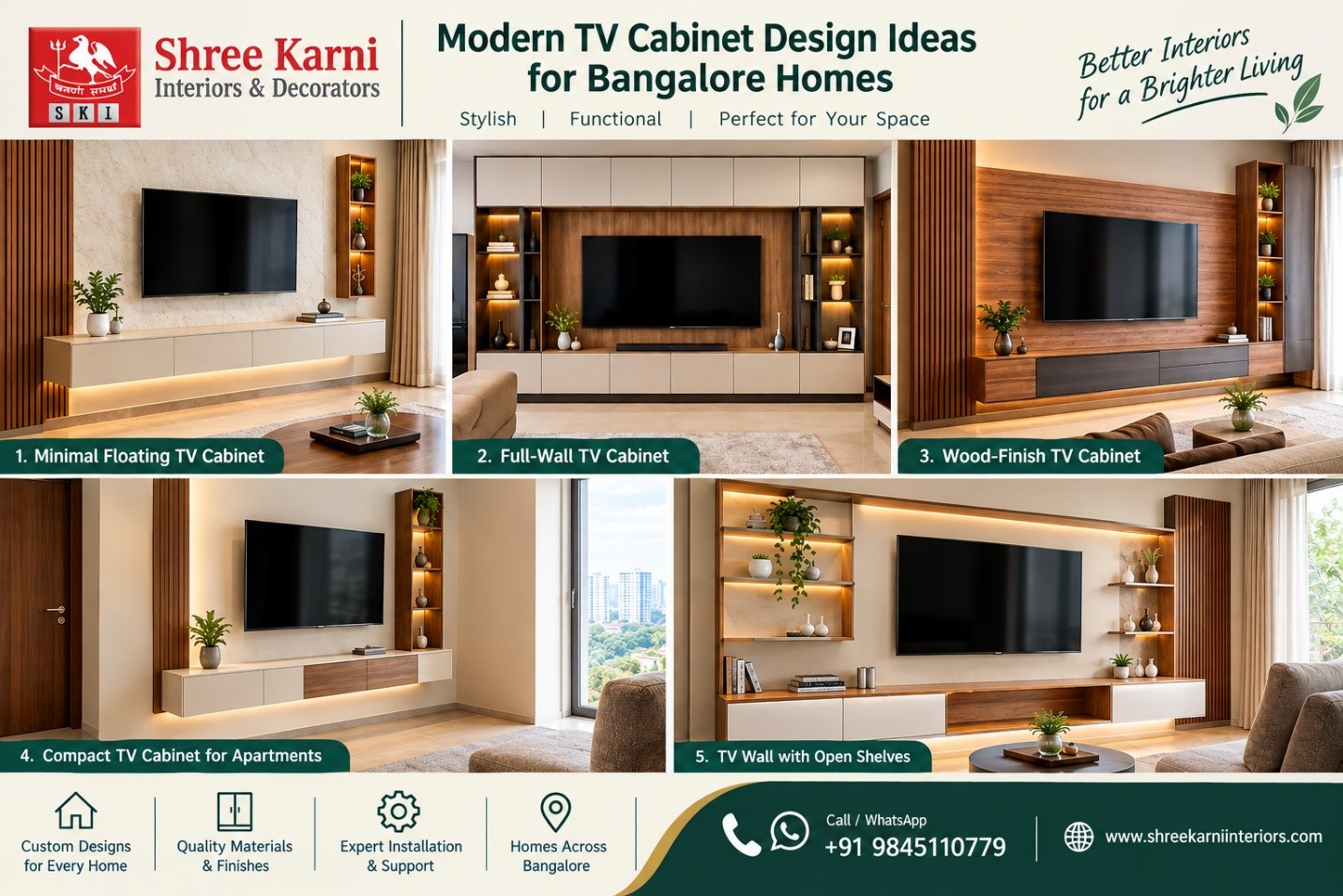 Modern TV cabinet design ideas for Bangalore homes with floating, full-wall, wood-finish, compact and open-shelf TV cabinets