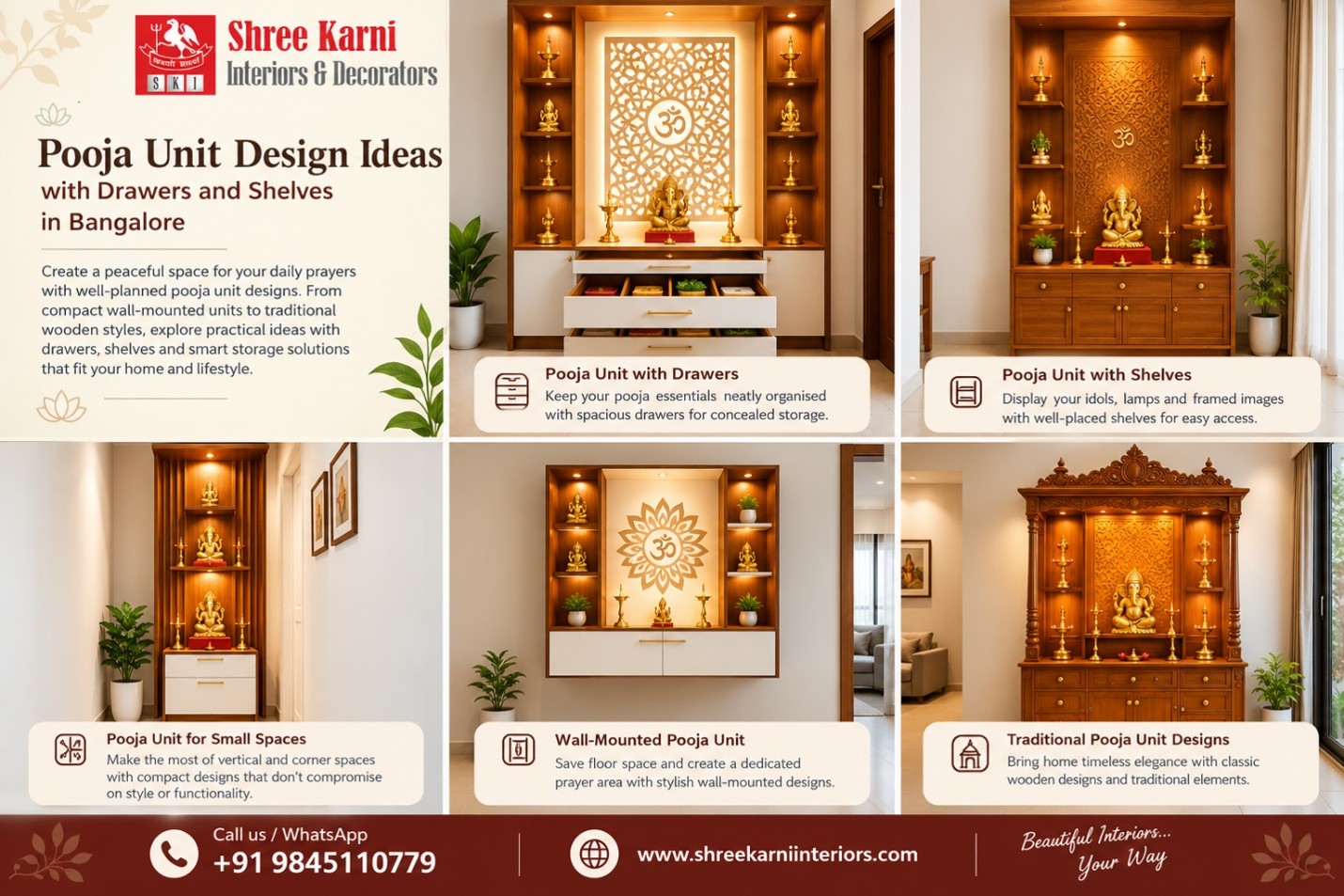 Pooja Unit Design Ideas with Drawers and Shelves in Bangalore